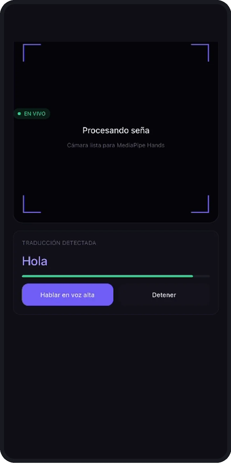 Captura de señas a voz: la cámara aparece en negro con el texto «Cámara lista para MediaPipe Hands» mientras la app muestra la traducción «Hola» con una barra de confianza.